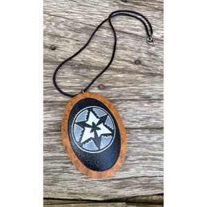 Large Wood Resin Southwestern Pendant Signed R. Jhio Bohd